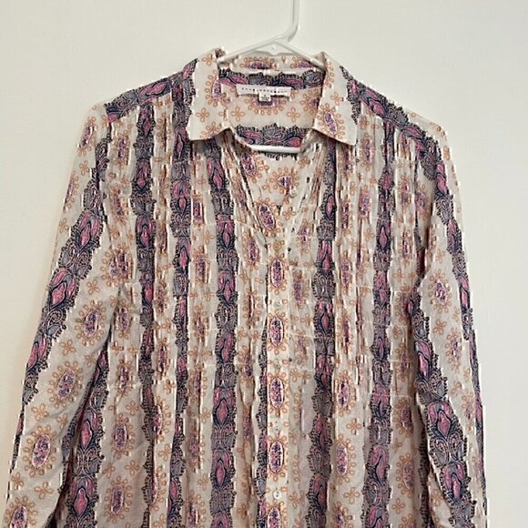 JANE AND DELANCEY White Navy Geometric Striped Pintuck Pleated Button Down Tunic - Picture 4 of 12